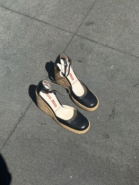 Miu Miu Black Leather Wedge Espadrille Sandals with Ankle Strap